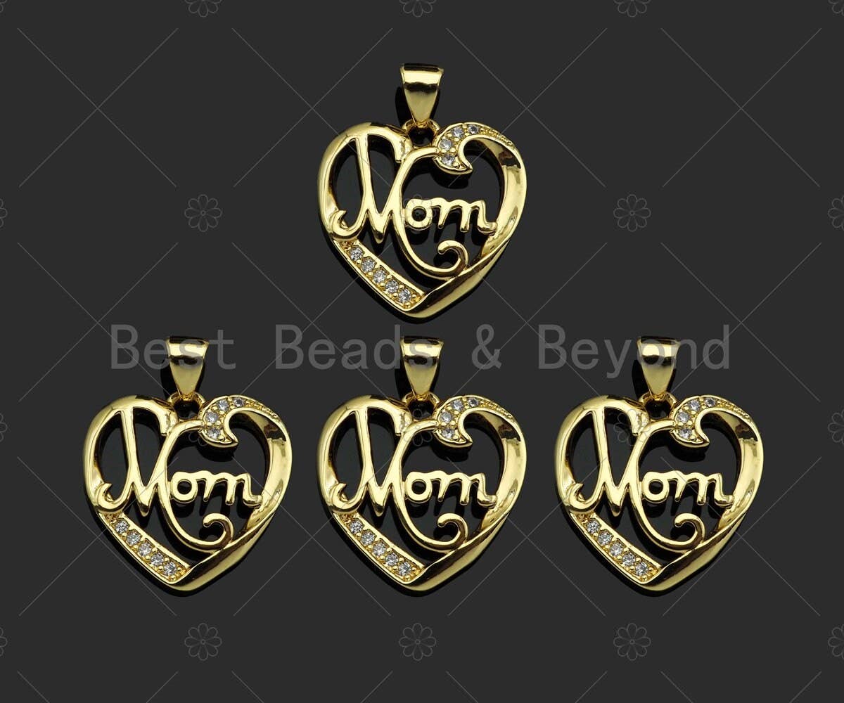 Gold Filled CZ Micro Pave Mom word On Heart Shape Pendant, 18K Gold Filled Heart Charm, Mother's Day,Necklace Pendant,18x18mm,Sku#LD123