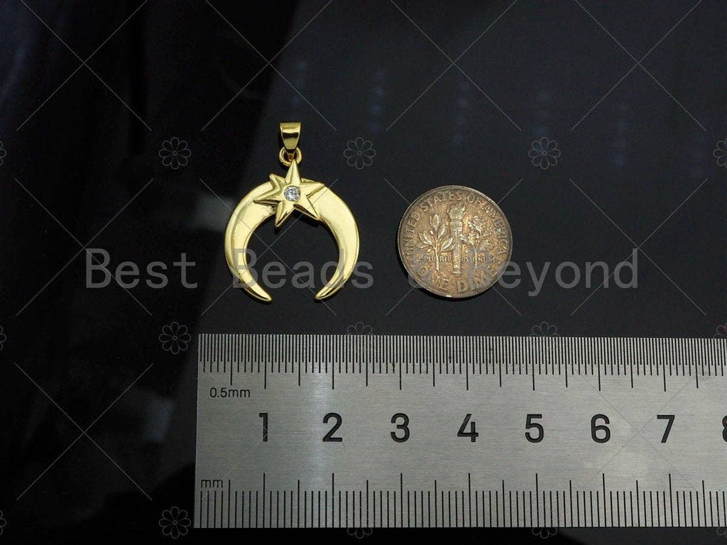 CZ Micro Pave 18k Gold North Star On Horn Shape Pendant, Cubic Zirconia Pendant, Horn Charm, CZ Micro Pave Pendant,21x25mm,Sku#LK213