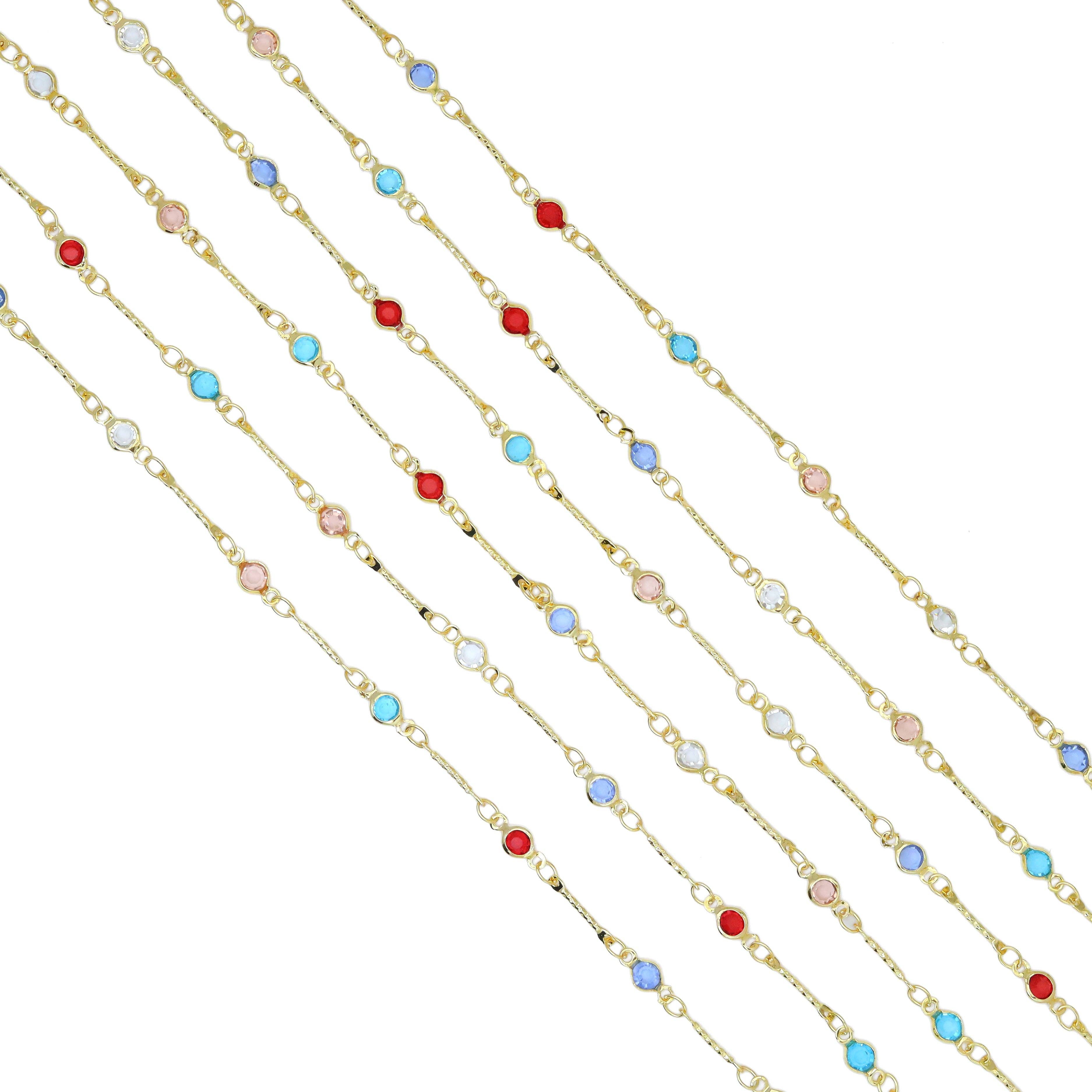 Colorful CZ Brass Wire Wrapped Gold Plated Chain by Yard- Link Findings, SKU#HX09