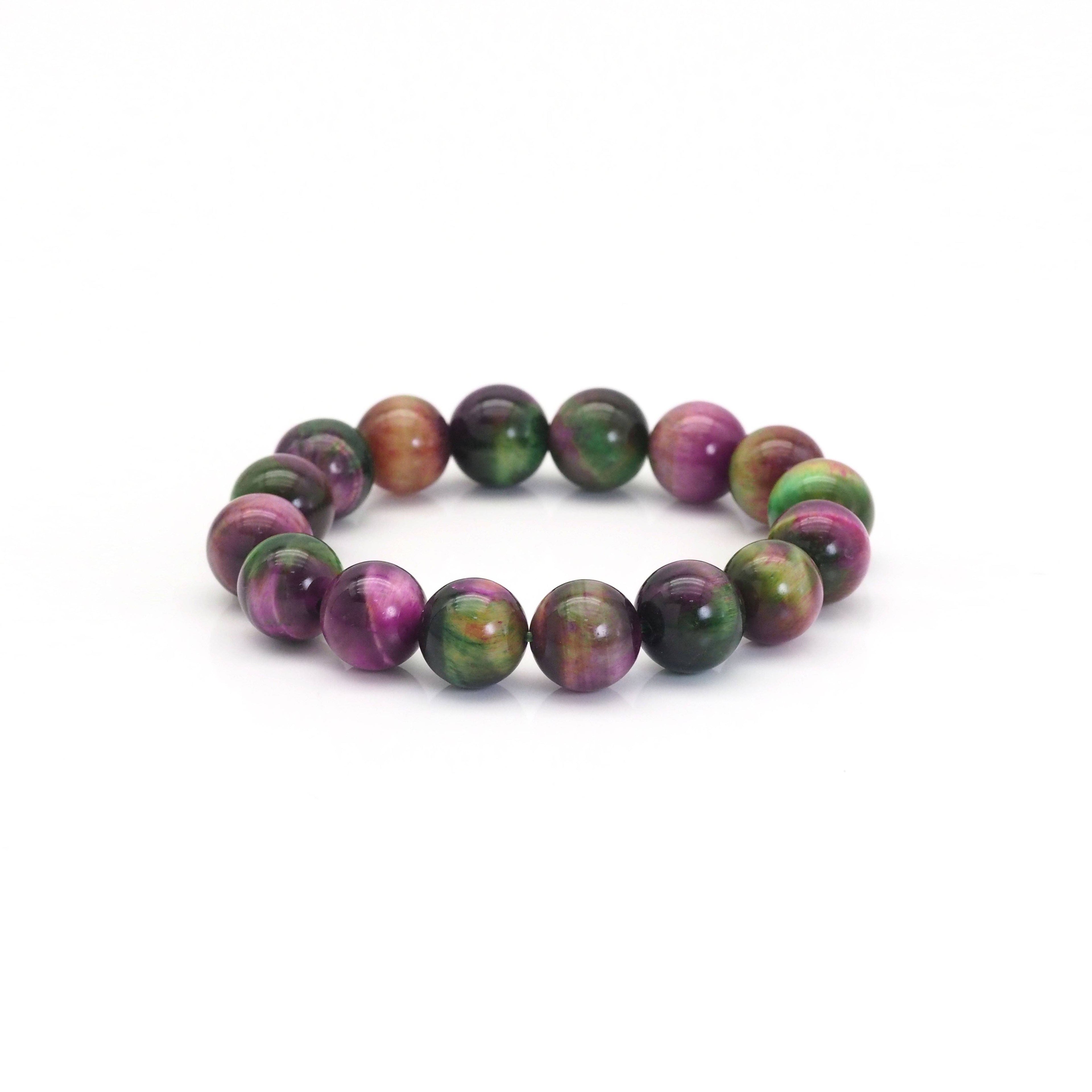 Fuchsia Green Tiger Eye Round Stretchy Bracelet, Sku#EF438