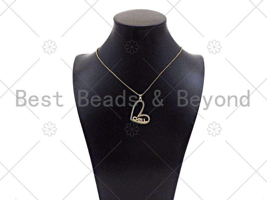 Gold Filled Colorful CZ Happy Luck Hope Word On Heart Shape Pendant,18K Gold Filled Heart Charm, Necklace Bracelet Pendant,34x24mm,Sku#LK341