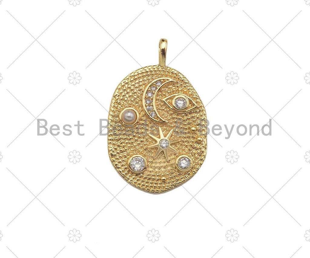 CZ Micro Pave Moon Star Evil Eye Star On oval Shape Pendant/Charm,CZ 14K Dainty Gold Charm, Necklace Bracelet Charm Pendant,21x32mm,Sku#CP19
