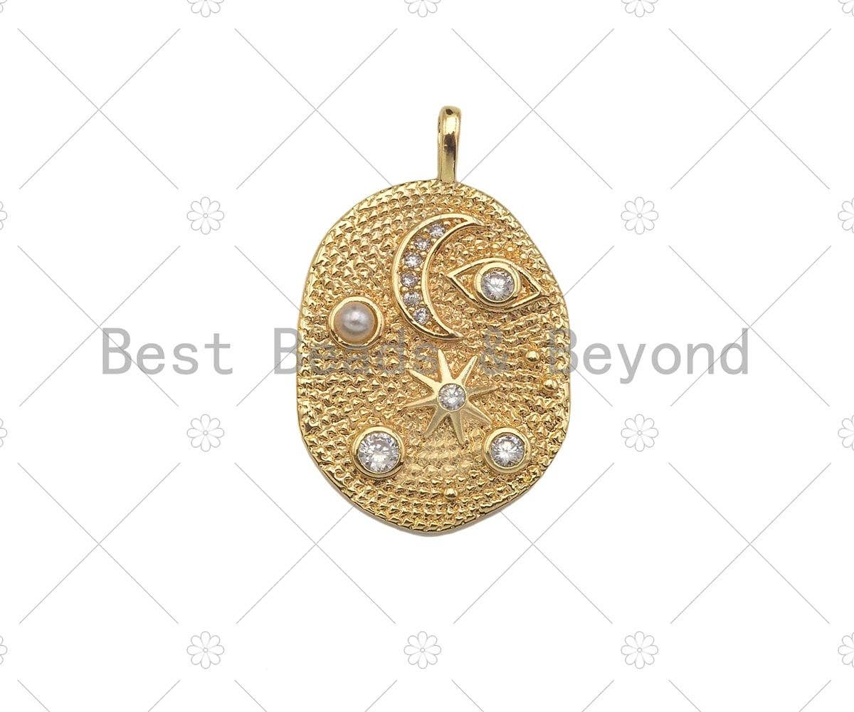 CZ Micro Pave Moon Star Evil Eye Star On oval Shape Pendant/Charm,CZ 14K Dainty Gold Charm, Necklace Bracelet Charm Pendant,21x32mm,Sku#CP19