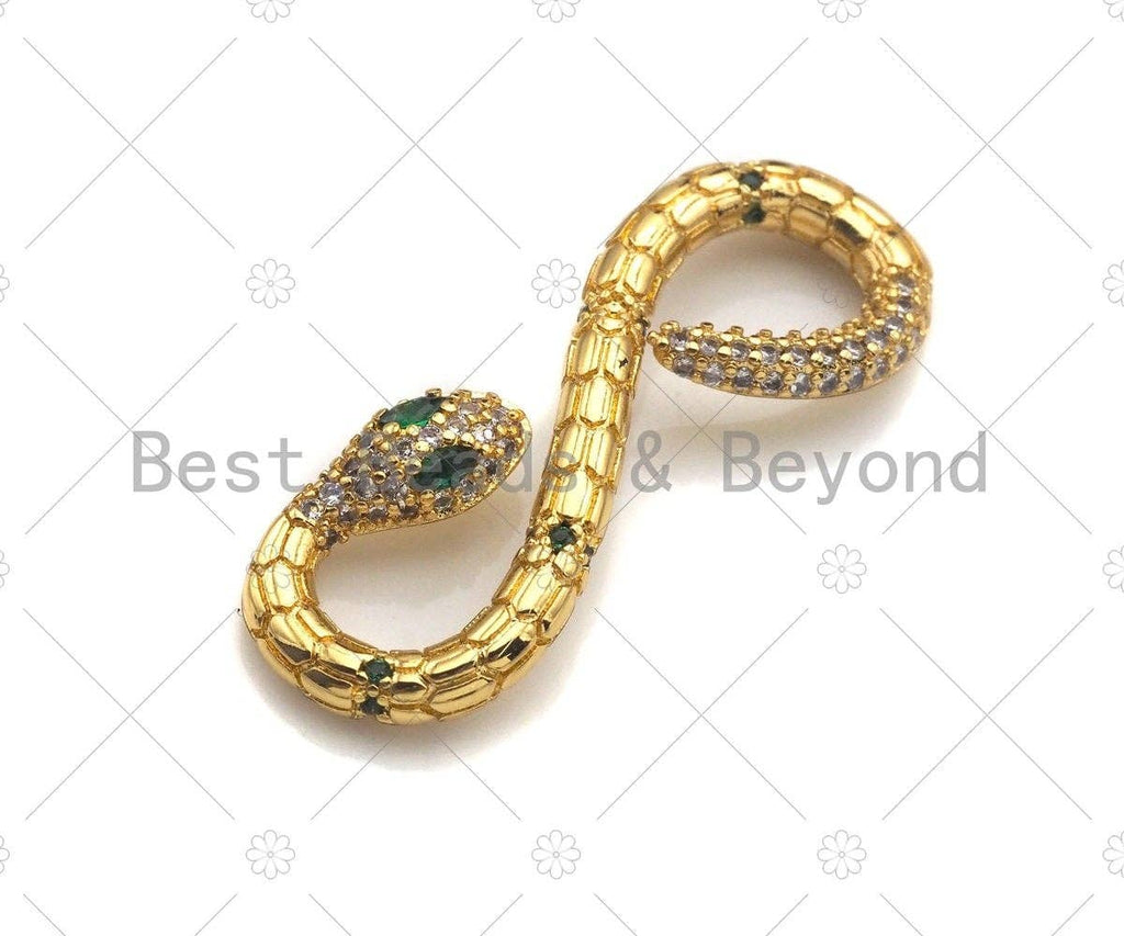 CZ Micro Pave Shiny Snake Shape Clasp, 18K Gold Filled Snake Charms, Animal Pendant, Snake Necklace Charm, 12x33mm, Sku#Z1184