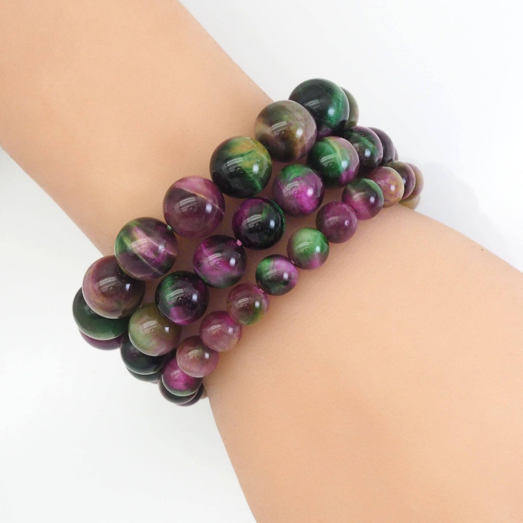 Fuchsia Green Tiger Eye Round Stretchy Bracelet, Sku#EF438