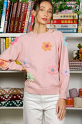 Crew Neck Puff Sleeve Flower Embroidered Sweater