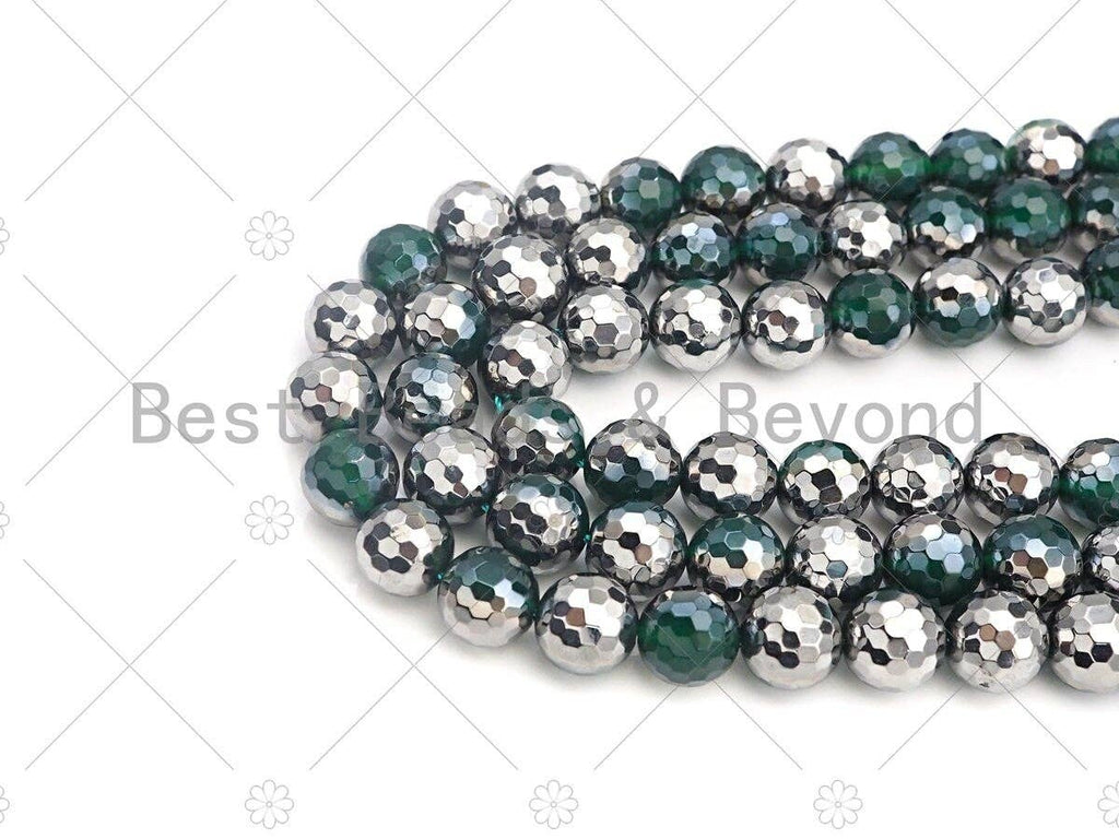 Top Quality Half Silver Plated Green Agate Beads, 8mm/10mm/12mm Round Faceted Green Agate beads, 15.5" Full Strand, sku#UA96