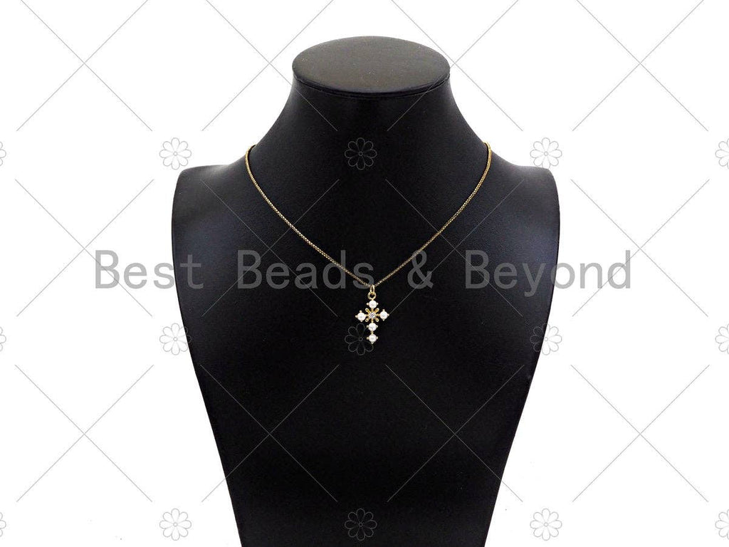 Gold Filled CZ Micro Pave Pearl On Cross Shape Pendant, 18k Gold Filled Mother of Pearl Charm, Necklace Bracelet Pendant, 23x15mm,Sku#LD103