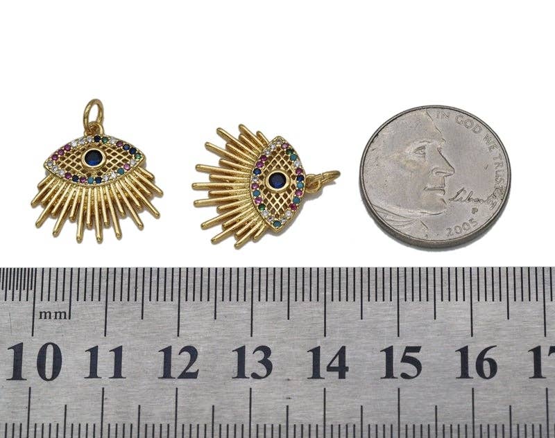 Gold Colorful CZ Evil Eye With Light beam Charm, Sku#LX92