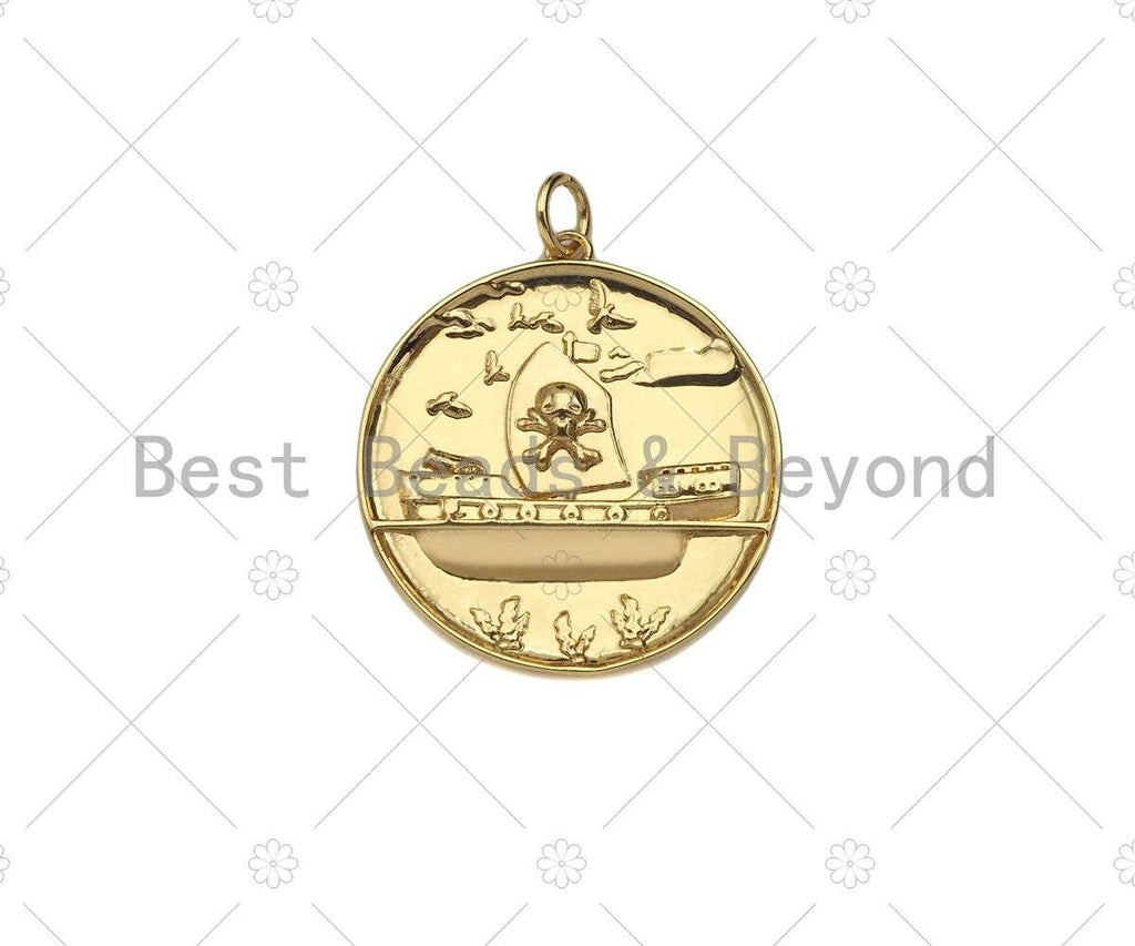 18k Dainty Gold Skull On Round Coin Charms, Gold Medallion Charms,Round Necklace Charms,25x28mm, Sku#Y410