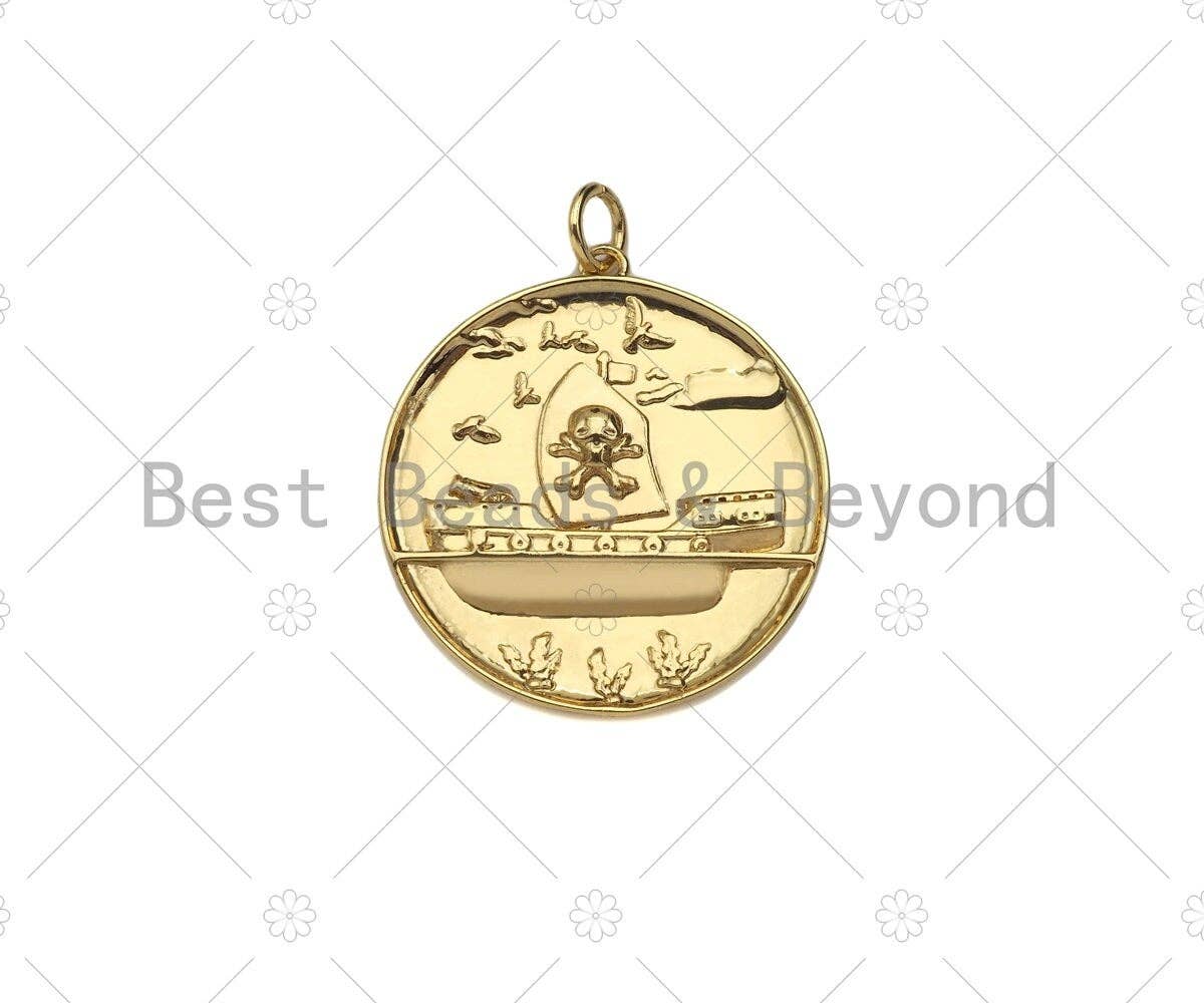 18k Dainty Gold Skull On Round Coin Charms, Gold Medallion Charms,Round Necklace Charms,25x28mm, Sku#Y410