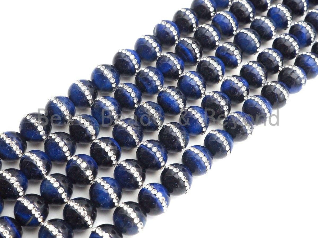 High Quality Blue Tiger Eye with rhinestone inlaid, 6mm/8mm/10mm/12mm/14mm, Tiger eye Beads, 15.5inch Full strand, SKU#V48
