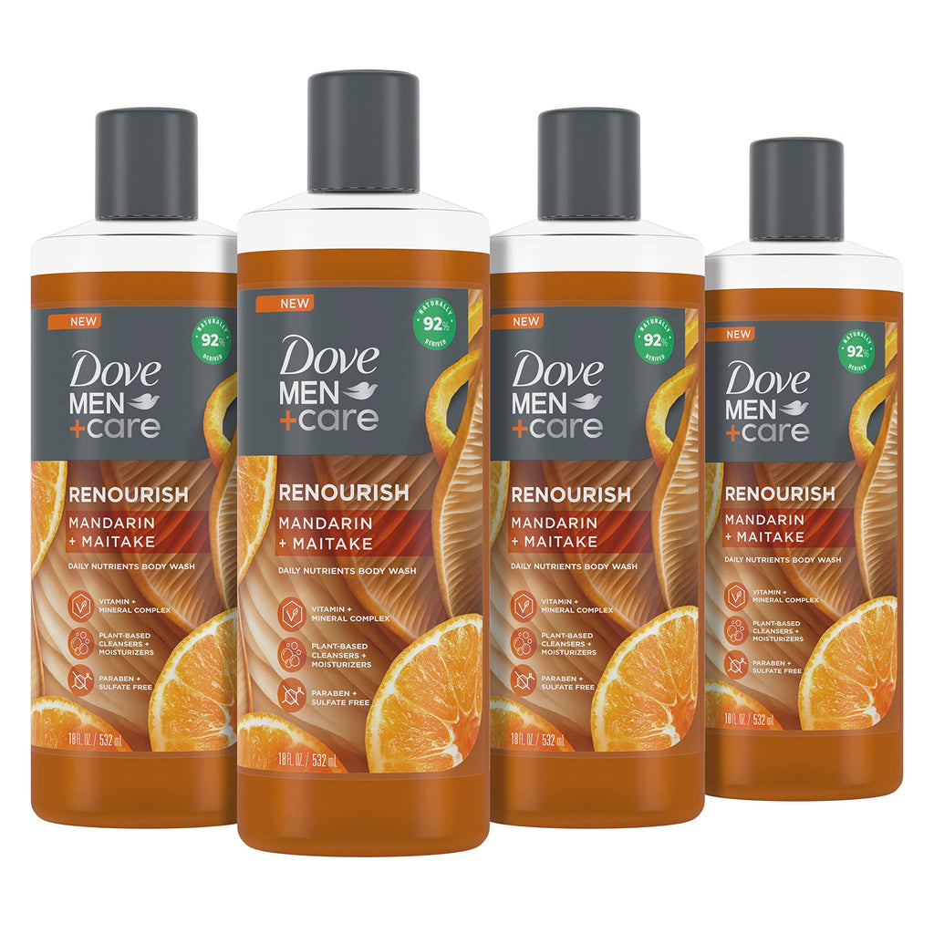 DOVE MEN + CARE Gel douche réparateur Mandarine + Maitake 4 unités, avec complexe de vitamines et minéraux, gel douche hydratant à base d'ingrédients végétaux, 532 ml