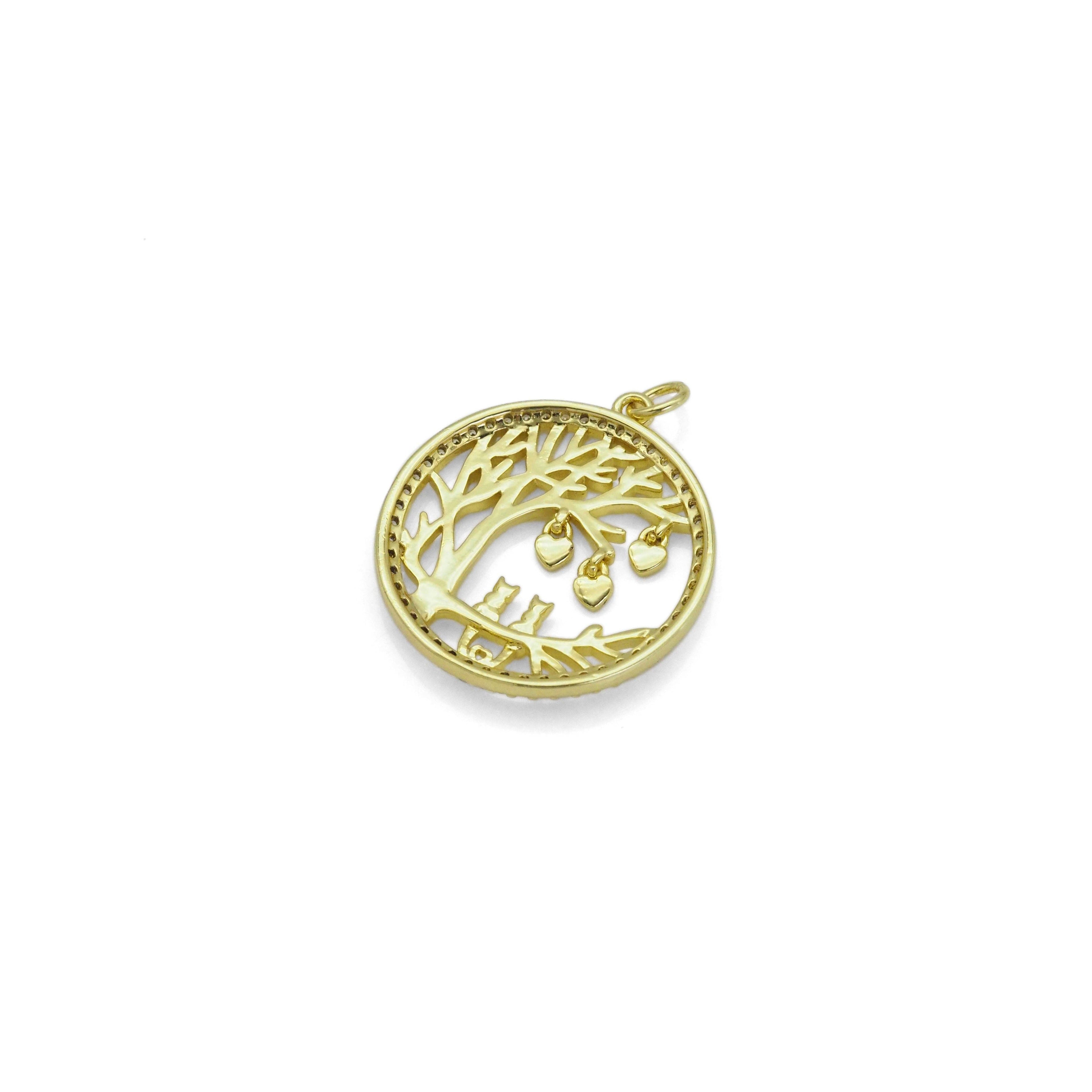 Gold CZ Tree Kitty Heart On Round Circle Charm, Sku#LD422