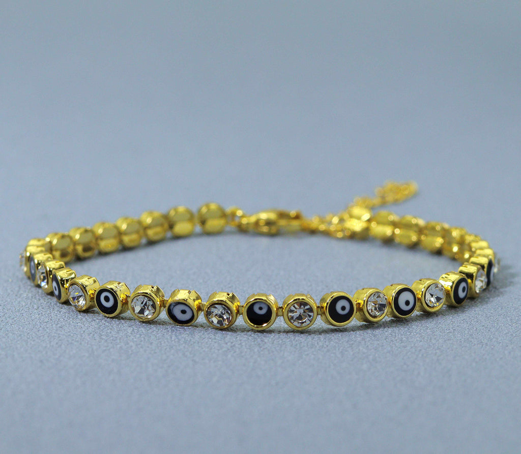 Round CZ and Enamel Evil Eye Adjustable Bracelet with Extender, Sku#LD288