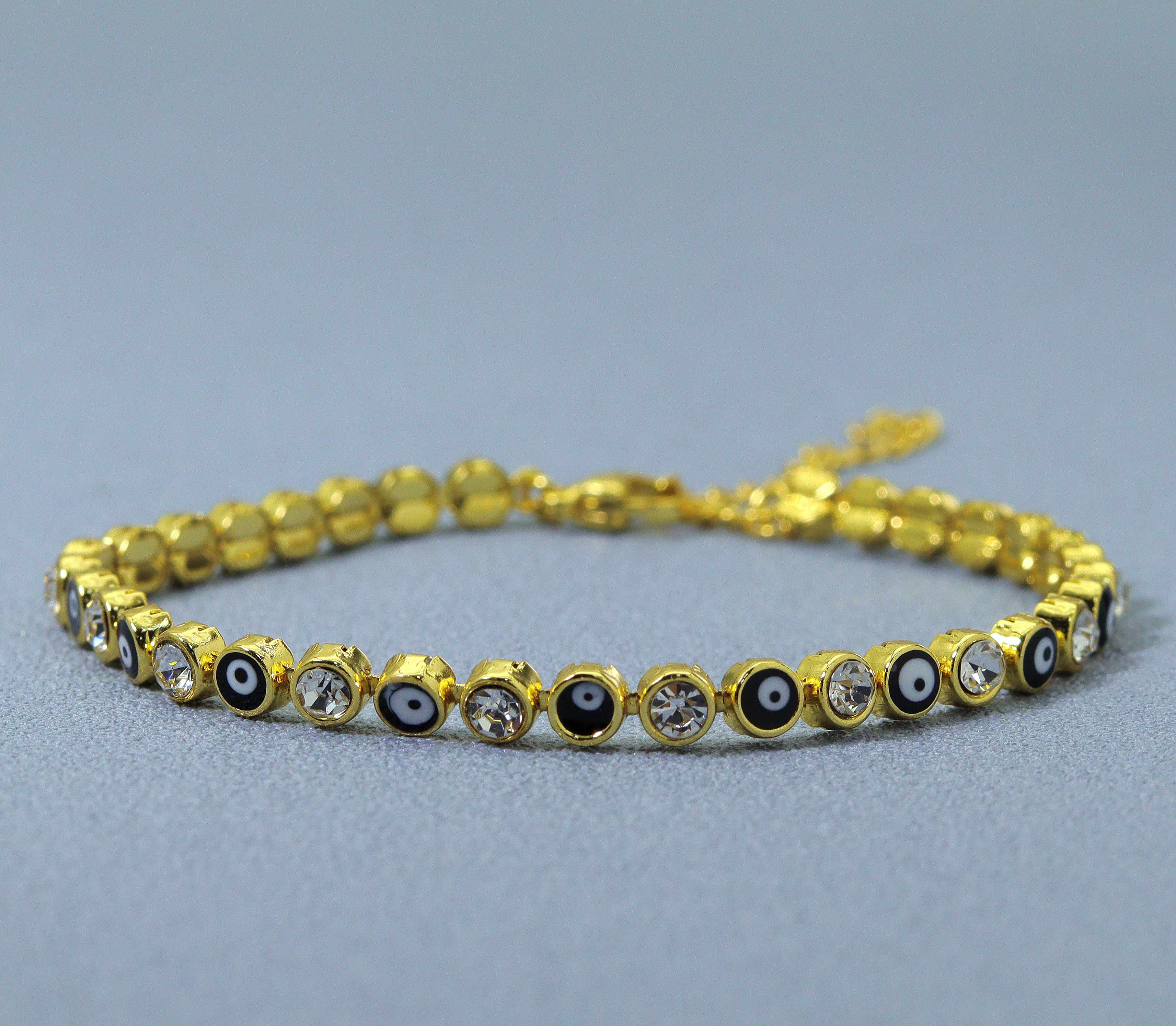 Round CZ and Enamel Evil Eye Adjustable Bracelet with Extender, Sku#LD288