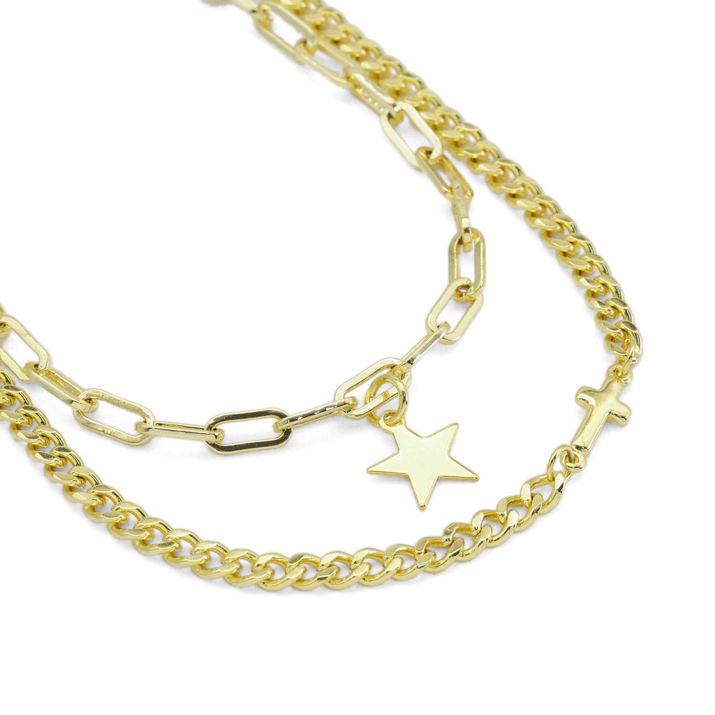 Dainty Gold Five Star Pendant Layering chain set Necklace, Sku#EF488