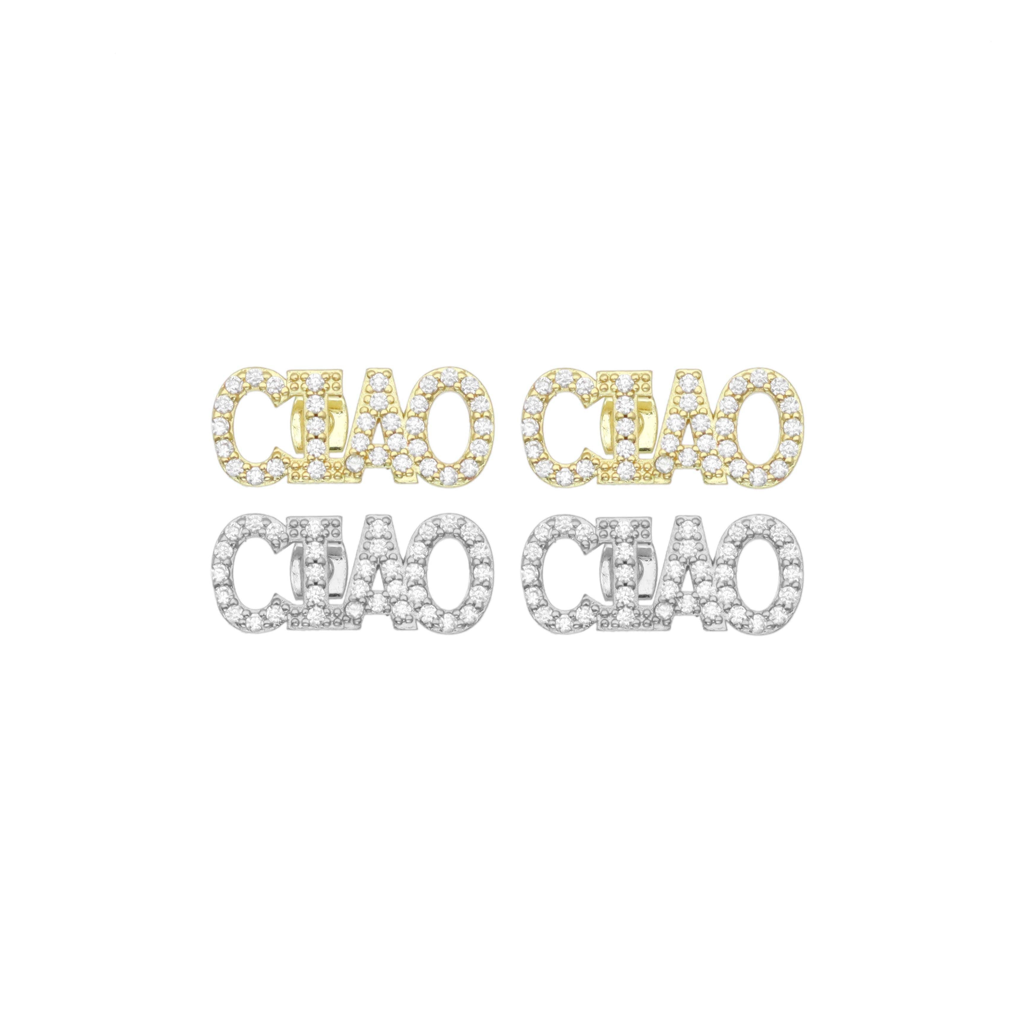 Clear CZ Ciao Word Stud Earrings, Sku#A355