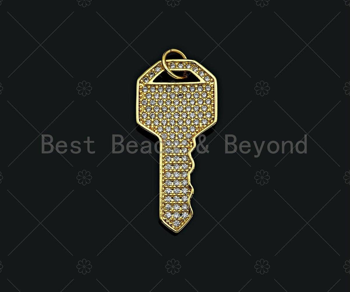 18K Gold Filled/ Silver Color Large CZ Micro Pave Key Shape Charm/Pendant,Key Charm, Key Pave Pendant, Gold Key charm, 15x32mm, Sku#LD21
