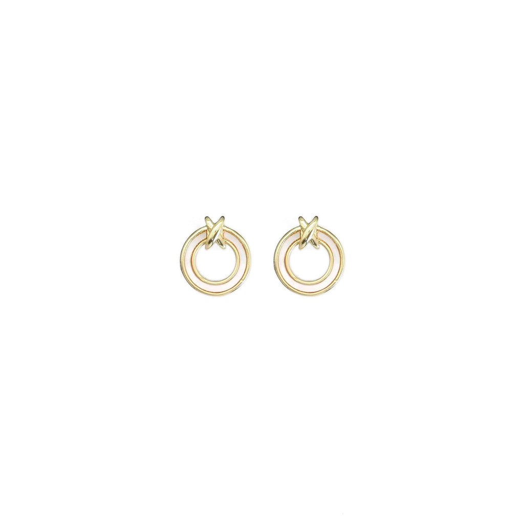 Gold White Mother of Pearl Circle With Knot Stud Earrings, S