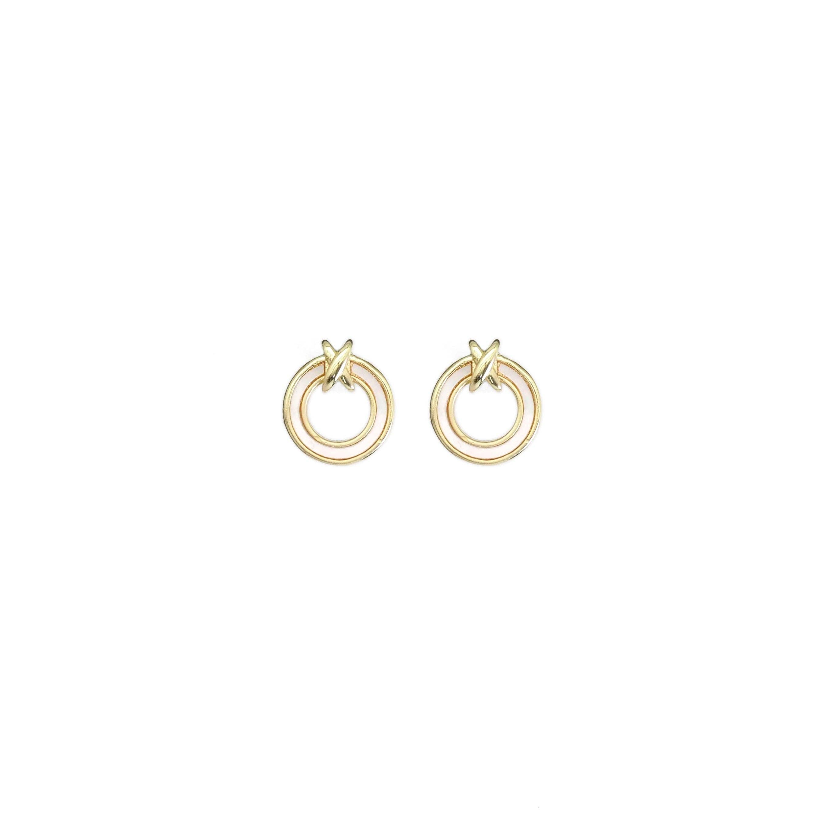 Gold White Mother of Pearl Circle With Knot Stud Earrings, S