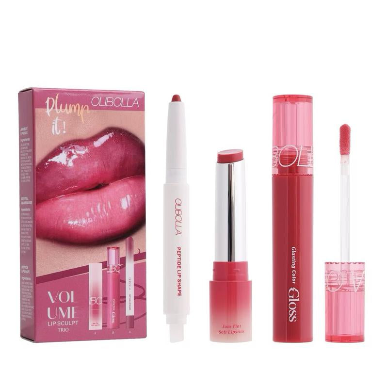 OLIBOLLA Volume Lip Sculpt Trio Set Lip Liner Lipstick Lip Glaze 3-In-1 Easy Color Gift Box for Flawless Glossy Lips
