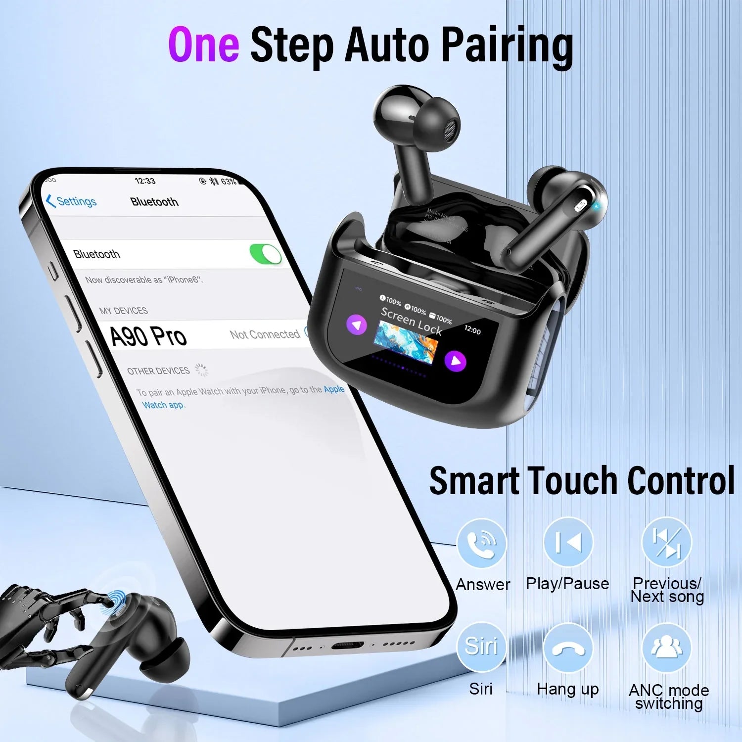Touch Screen Wireless Earbuds, Bluetooth 5.4 Ear Buds with Multifunctional with ENC Noise Cancelling Micclear Calls Earphones, 48H Bass Stereo Headphones, IP7 Waterproof Headphones for Workout