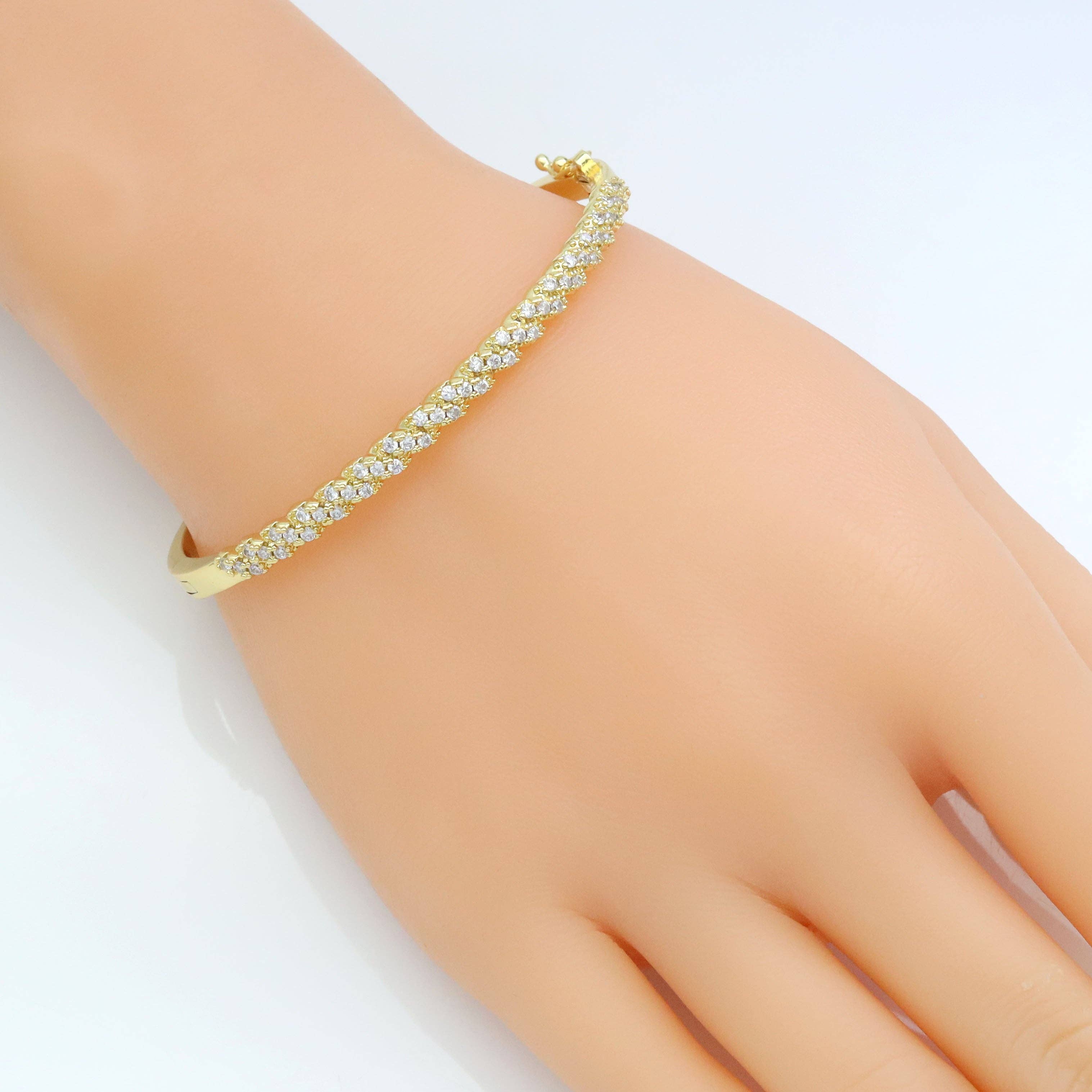 Gold CZ Twisted Link wheat flower Thin Bracelet, Sku#LX434