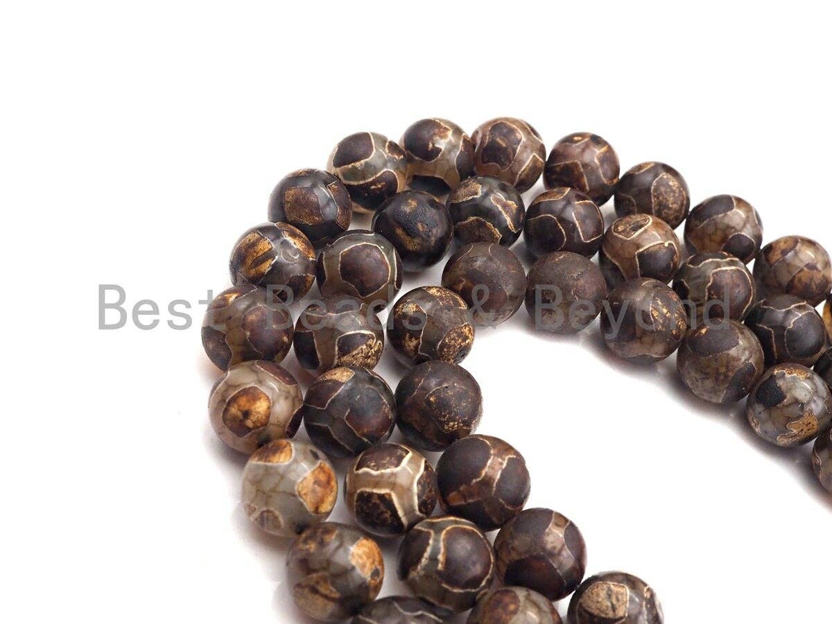 Natural Tibetan Agate Football Line Beads, Dzi Agate beads, 10mm/12mm Round Tibetan Agate, 15.5" Full Strand, sku#U857