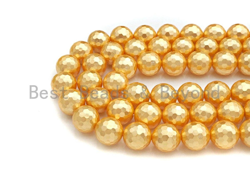 Quality Gold Mother of Pearl beads, 8mm/10mm/12mm Pearl Faceted Round beads, Golden Loose Faceted Pearl Shell Beads, 15.5inch strand, T153