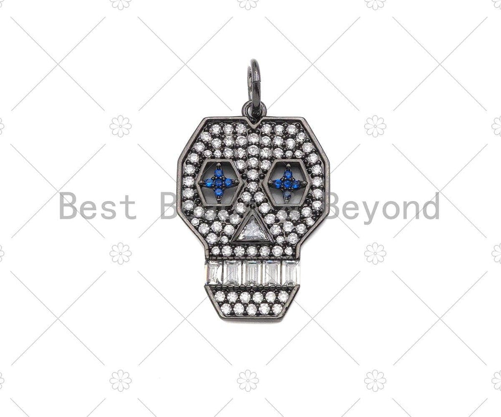 CZ Micro Pave Hollow Out Blue Eye Skull Shape Pendant/Charm, Bracelet Necklace Cubic Zirconia Pendant Charm, 27x18mm,sku#Y408