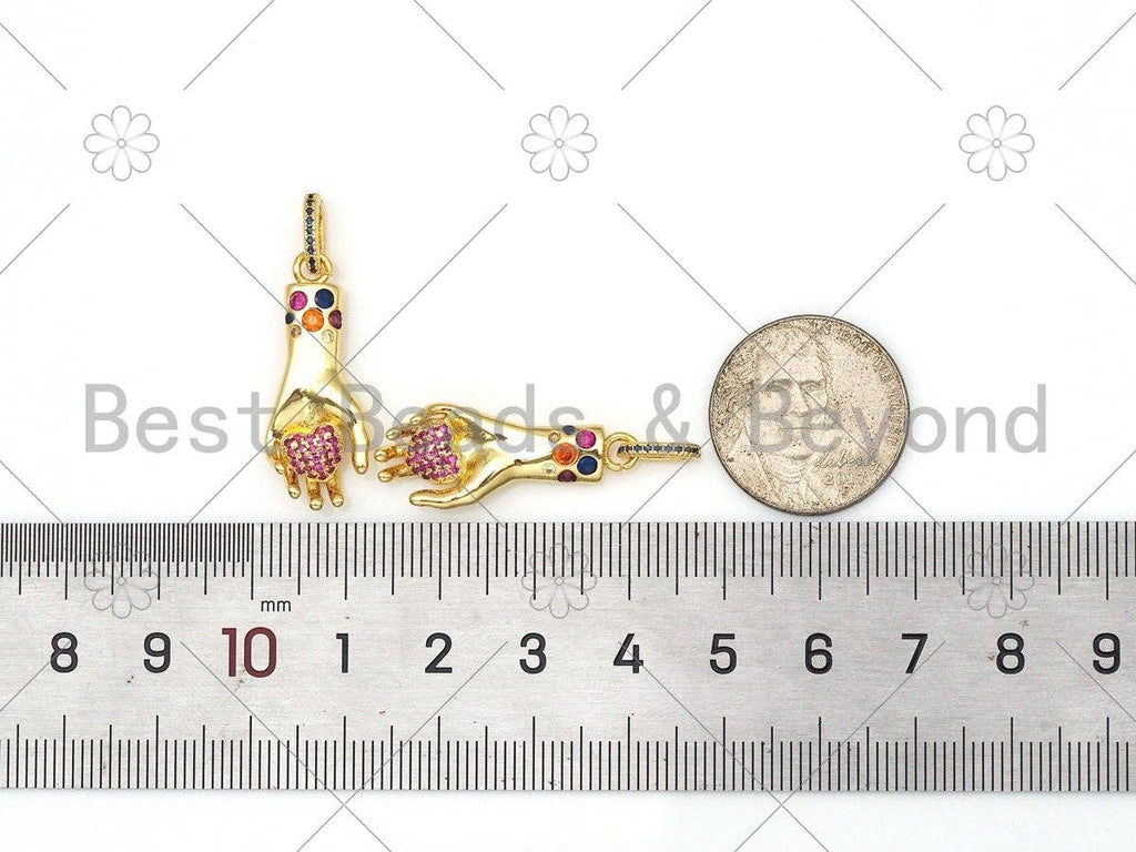 Colorful CZ Micro Pave Heart On Hand Shape Pendant,18K Gold Filled Fuchsia Heart Charm, Necklace Bracelet Pendant, 28x11mm,Sku#Z1390