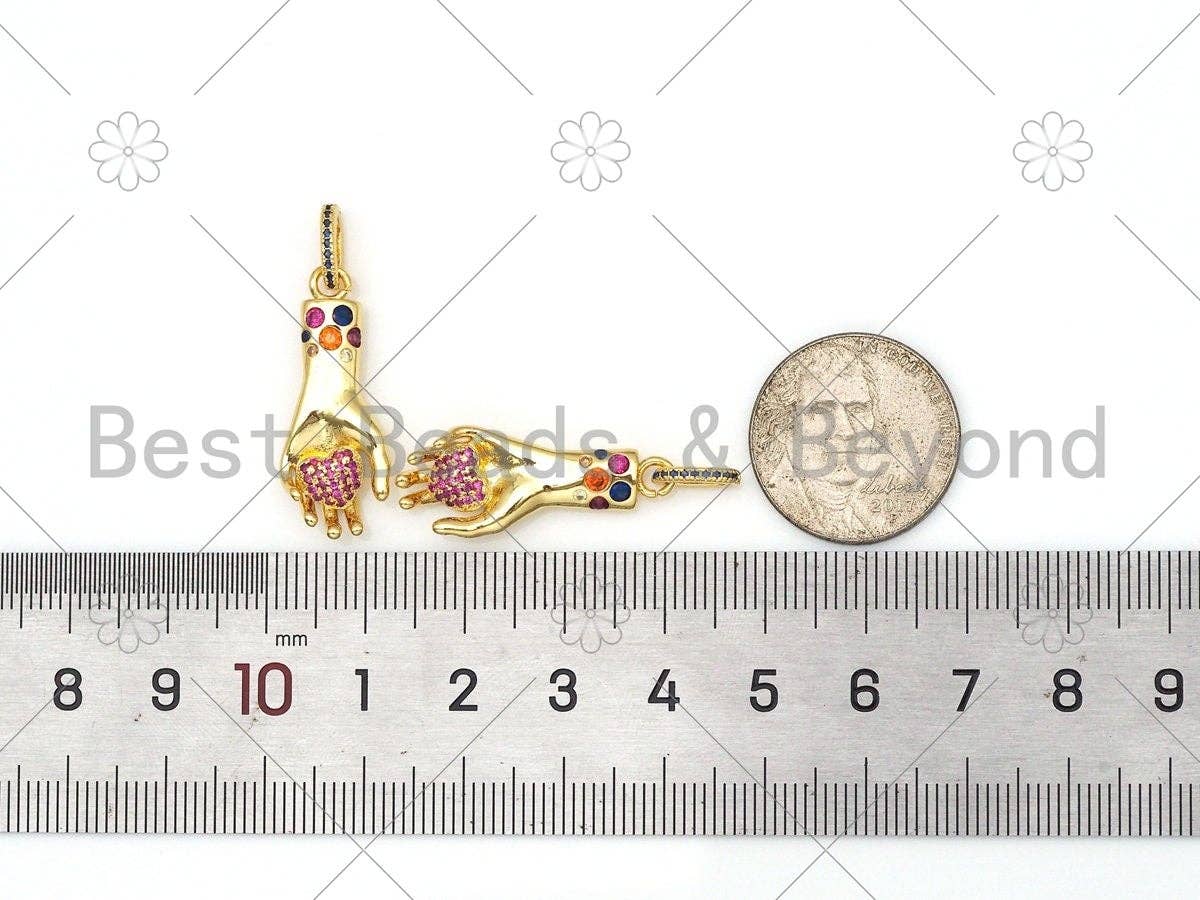 Colorful CZ Micro Pave Heart On Hand Shape Pendant,18K Gold Filled Fuchsia Heart Charm, Necklace Bracelet Pendant, 28x11mm,Sku#Z1390