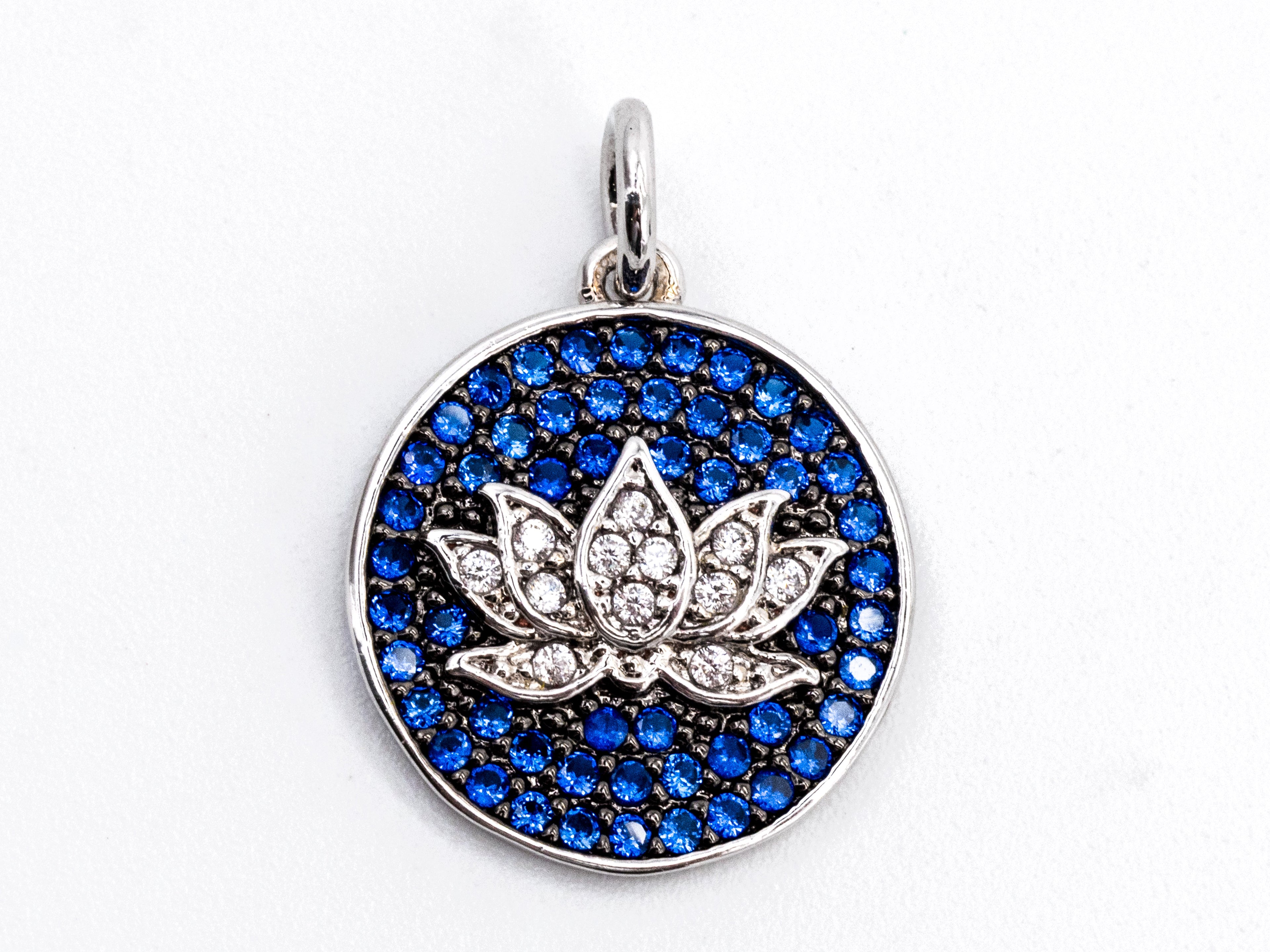 Cobalt CZ Micro Pave Lotus Flower on Disc Round Charm/Pendant, Cobalt CZ in Gold Rose, Black Gold, Silver Finish, Lotus Charm 16mm, sku#Y24