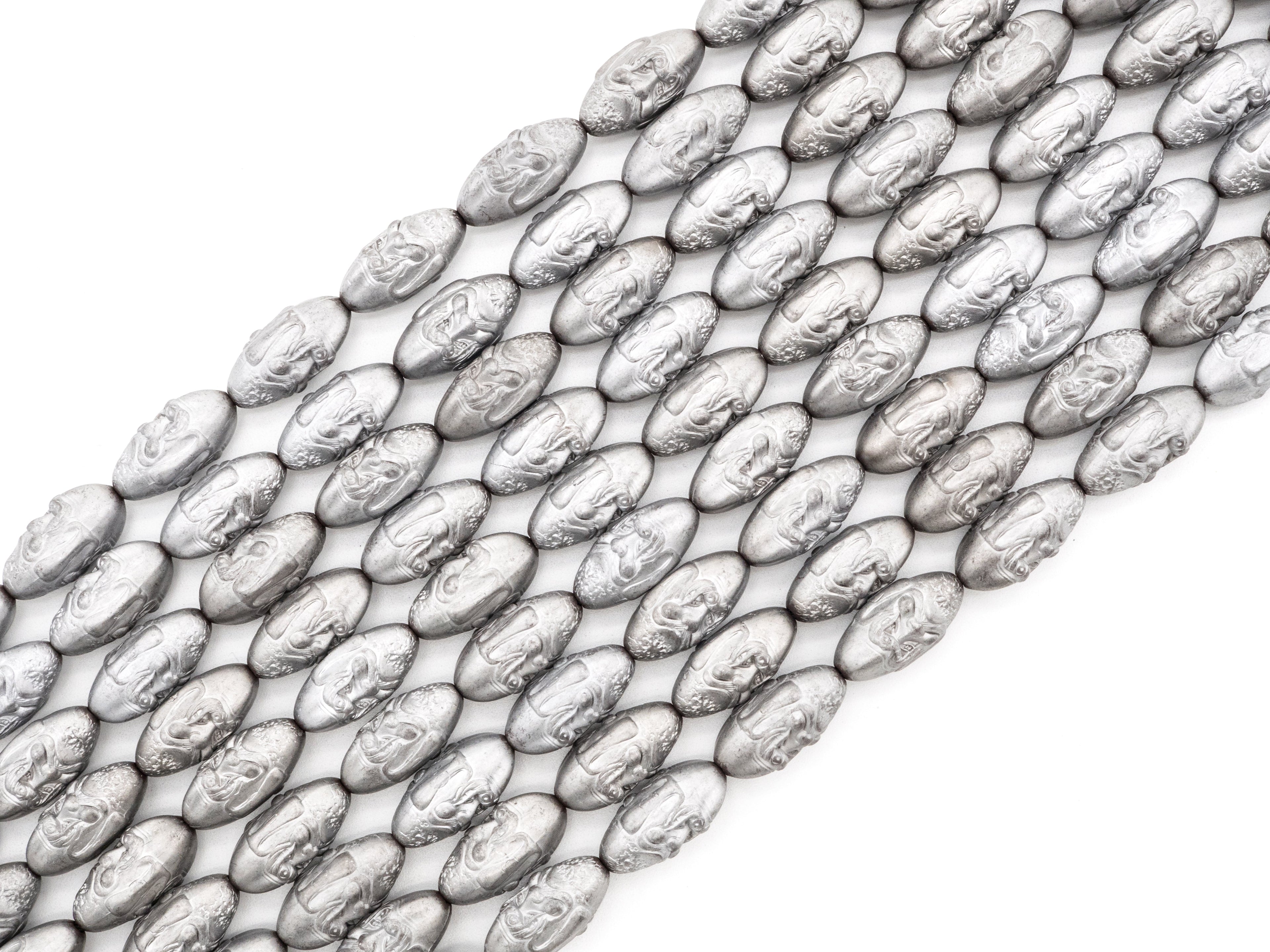 Natural Hematite Matt Silver Long Oval Beads, Old Man Head Carved, Oval Metallic Gemstone Beads, 8'' Full Strand, Sku#W52