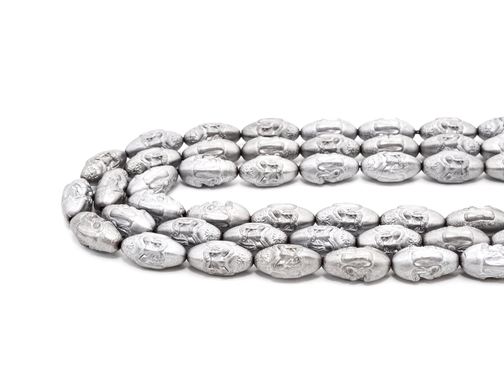 Natural Hematite Matt Silver Long Oval Beads, Old Man Head Carved, Oval Metallic Gemstone Beads, 8'' Full Strand, Sku#W52