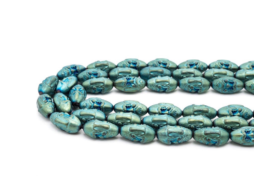 Natural Hematite Matt Peacock Green Long Oval Beads, Old Man Head Carved, Oval Metallic Gemstone Beads, 8x16mm,8'' Full Strand, Sku#W58