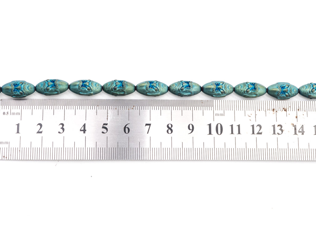 Natural Hematite Matt Peacock Green Long Oval Beads, Old Man Head Carved, Oval Metallic Gemstone Beads, 8x16mm,8'' Full Strand, Sku#W58