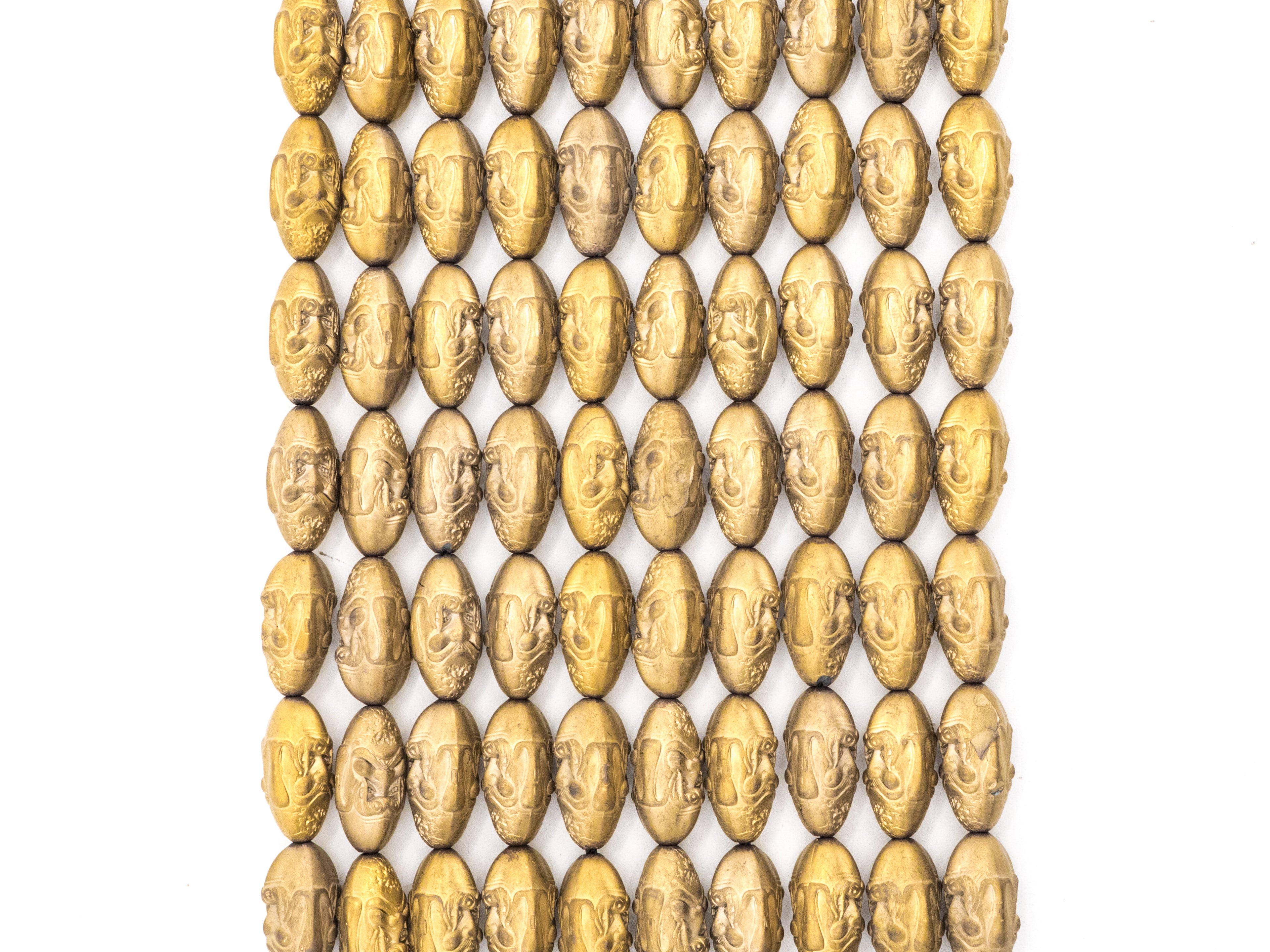 Natural Hematite Matt Gold Long Oval Shaped Beads, Old Man Head Carved, Metallic Gold Gemstone Beads, 8x16mm,8'' Full Strand, Sku#W54