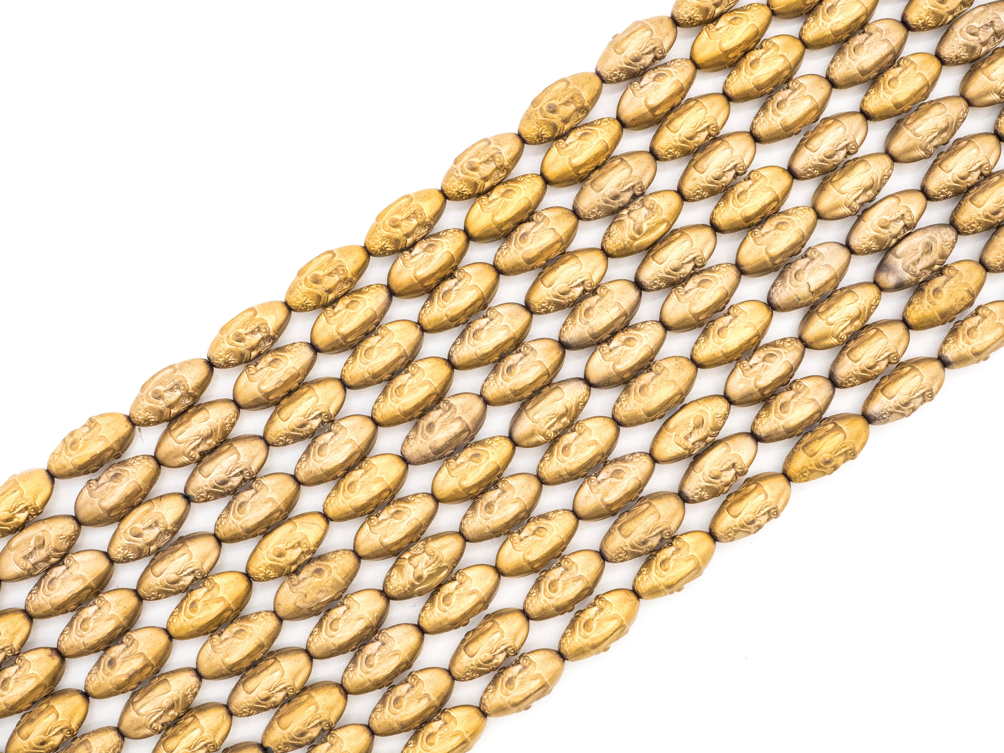 Natural Hematite Matt Gold Long Oval Shaped Beads, Old Man Head Carved, Metallic Gold Gemstone Beads, 8x16mm,8'' Full Strand, Sku#W54