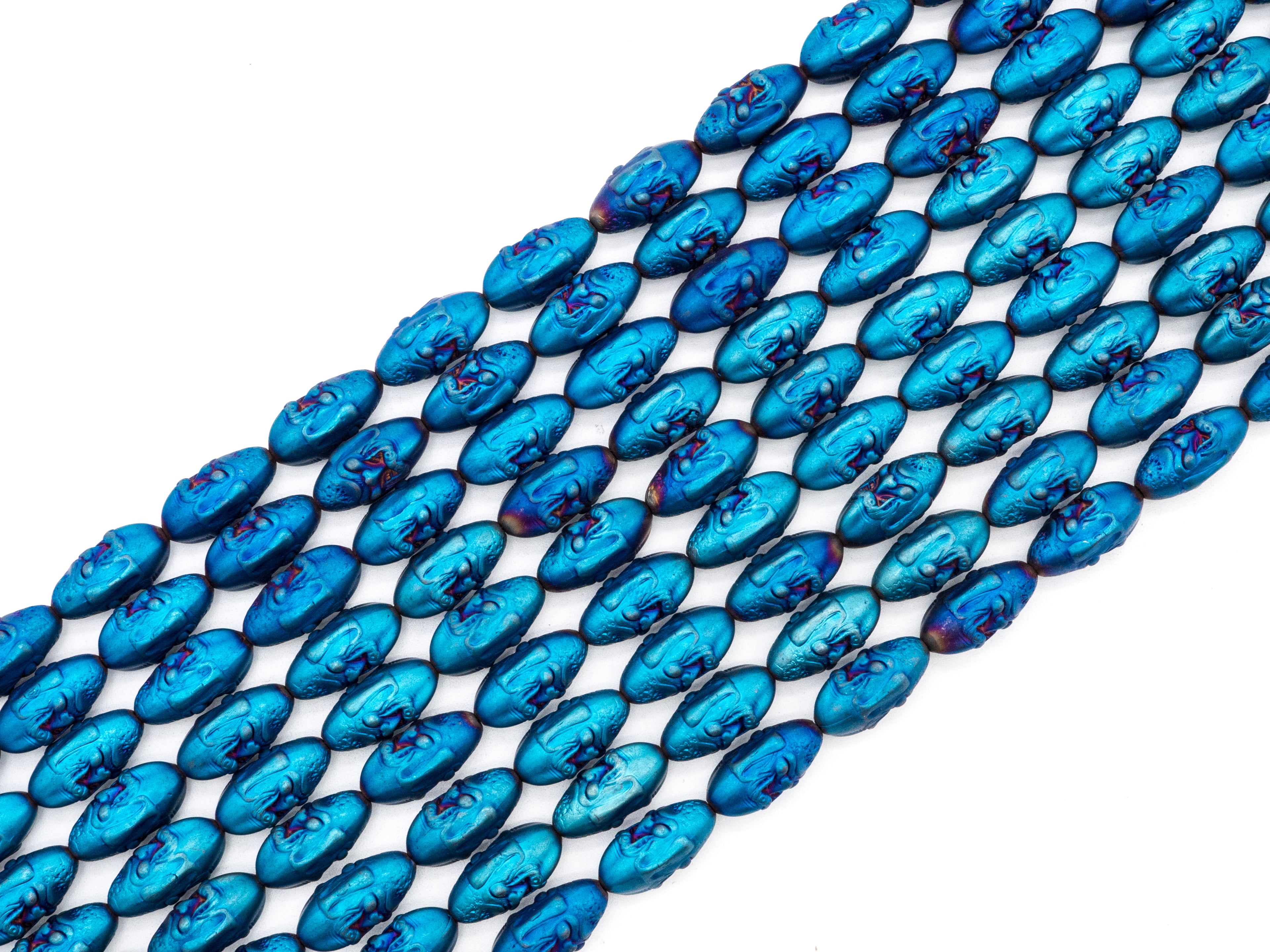 Natural Hematite Matt Blue Long Oval Beads, Old Man Head Carved, Oval Metallic Blue Gemstone Beads, 8x16mm,8'' Full Strand, Sku#W59