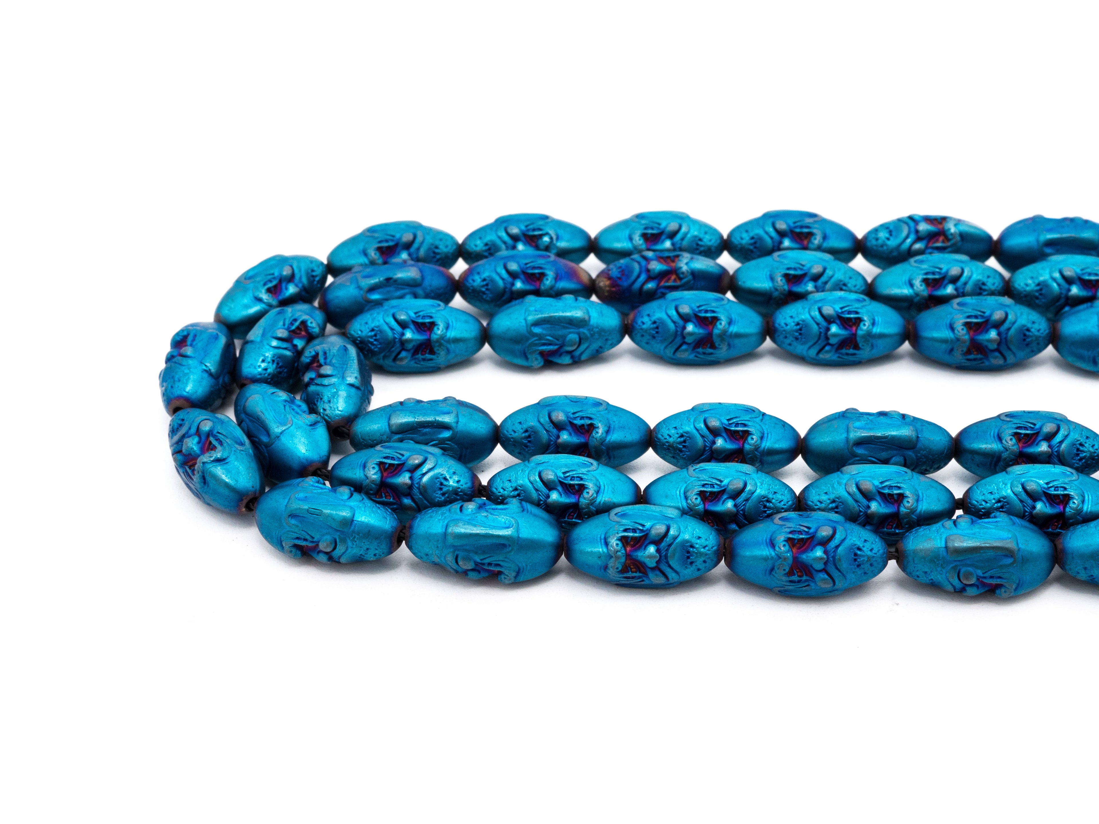 Natural Hematite Matt Blue Long Oval Beads, Old Man Head Carved, Oval Metallic Blue Gemstone Beads, 8x16mm,8'' Full Strand, Sku#W59