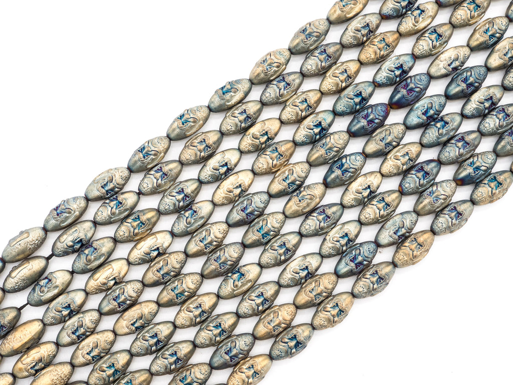 Natural Hematite Matt Light Blue Long Oval Beads,Old Man Head Carved, Oval Metallic Gemstone Beads 8x16mm , 8'' Full Strand, Sku#W57