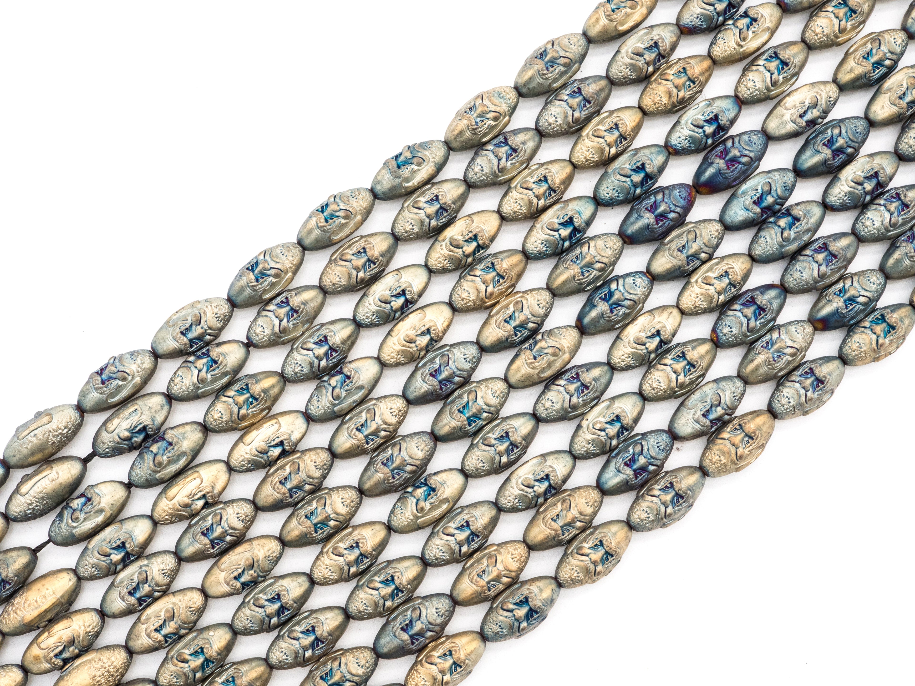 Natural Hematite Matt Light Blue Long Oval Beads,Old Man Head Carved, Oval Metallic Gemstone Beads 8x16mm , 8'' Full Strand, Sku#W57