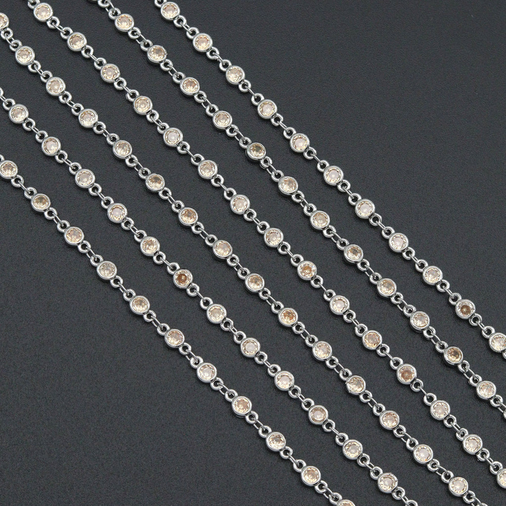 High Quality Champagne Color CZ Beaded Chain Gold Silver Bezel Chain, skuA450