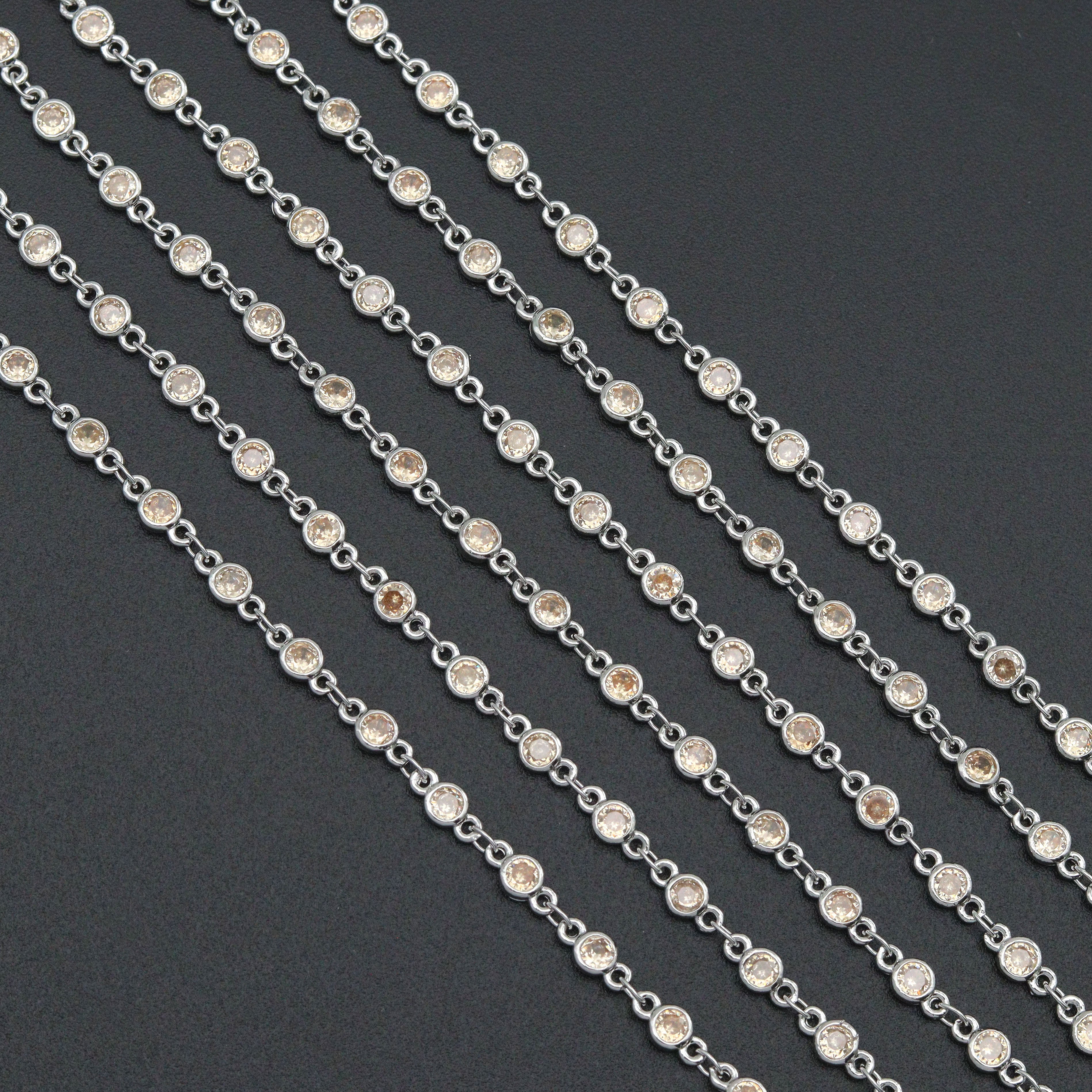 High Quality Champagne Color CZ Beaded Chain Gold Silver Bezel Chain, skuA450