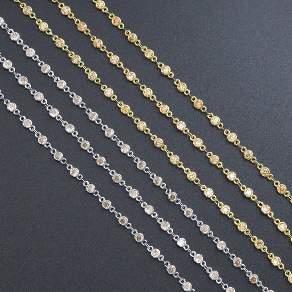High Quality Champagne Color CZ Beaded Chain Gold Silver Bezel Chain, skuA450