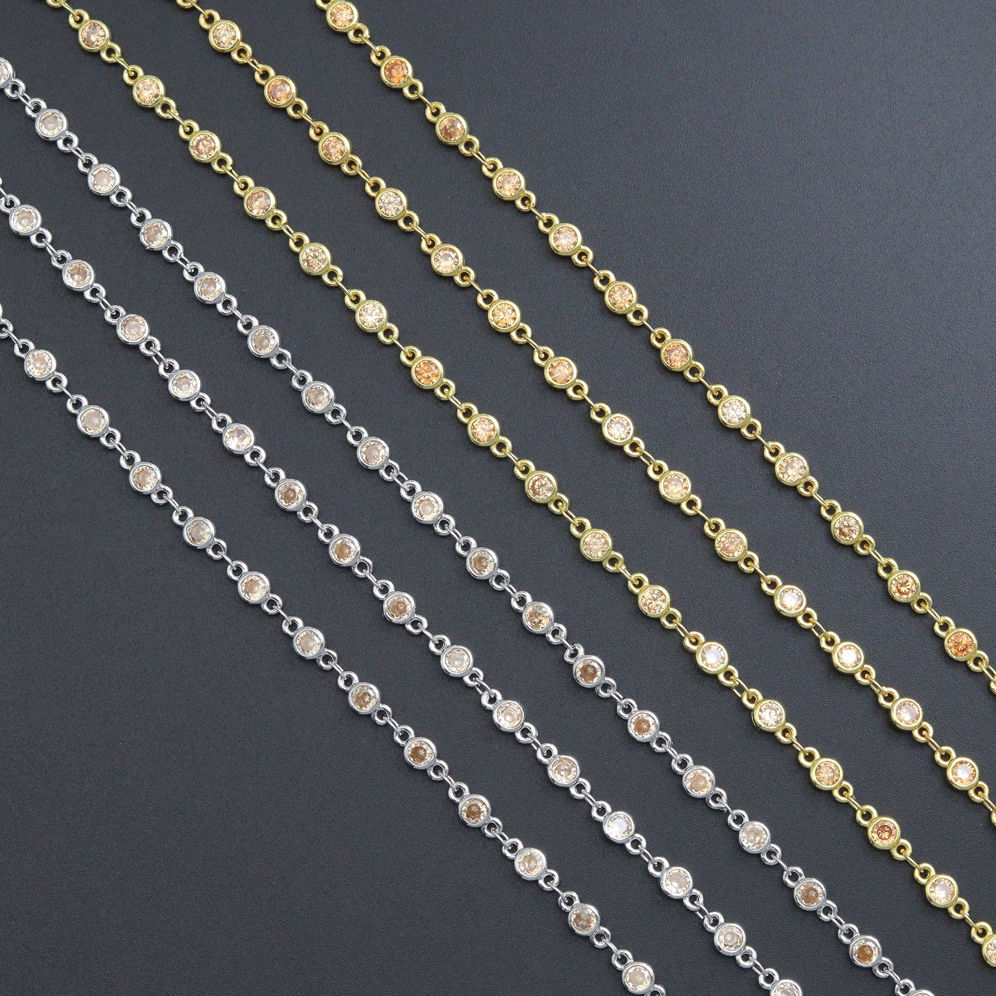 High Quality Champagne Color CZ Beaded Chain Gold Silver Bezel Chain, skuA450