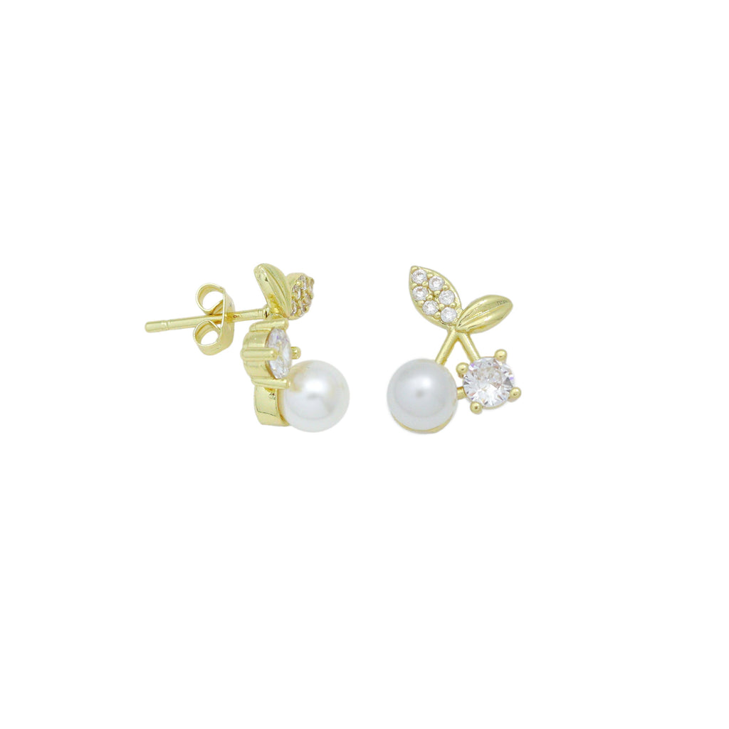 Clear CZ White Pearl Cherry Stud Earrings, Sku#A501