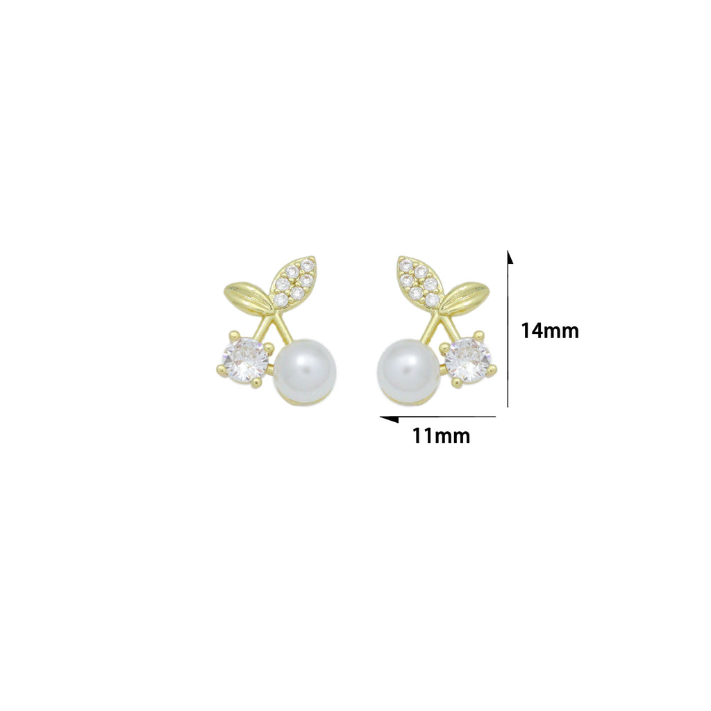 Clear CZ White Pearl Cherry Stud Earrings, Sku#A501